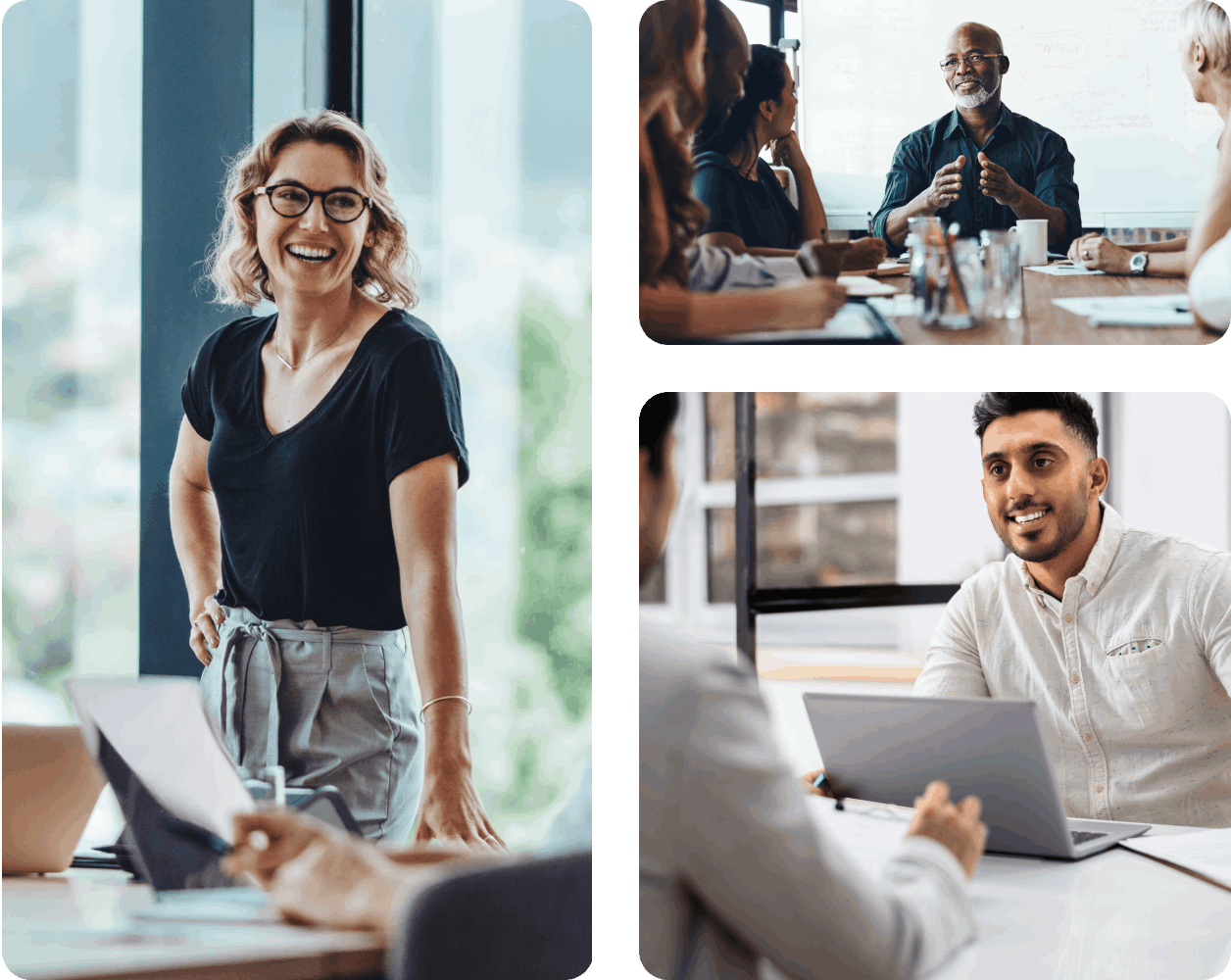 finance industry hero image - three panel image of people working at desks with paperwork, and communicating with eachother