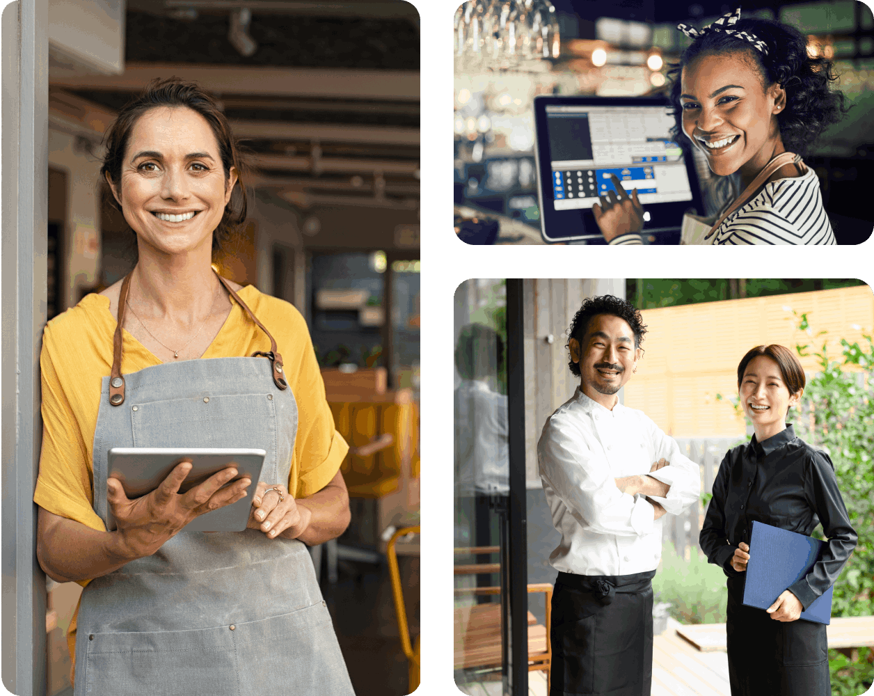 restaurant and hospitality industry hero image - three panel image of people working in restaurant and hospitality settings