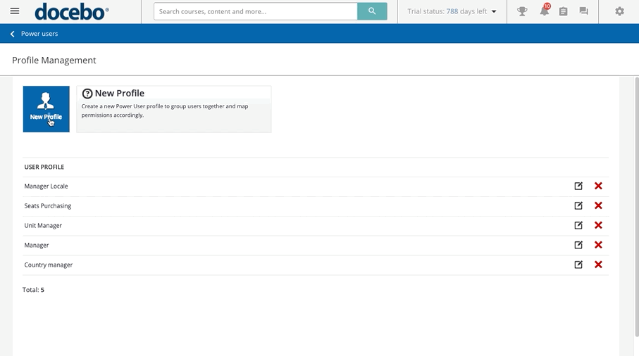 Profile management using Docebo LMS.