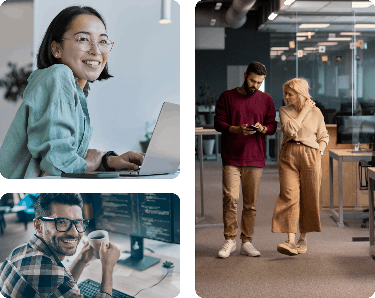 software industry hero image - three panel image of people working in the office on various devices (desktop, laptop, mobile)